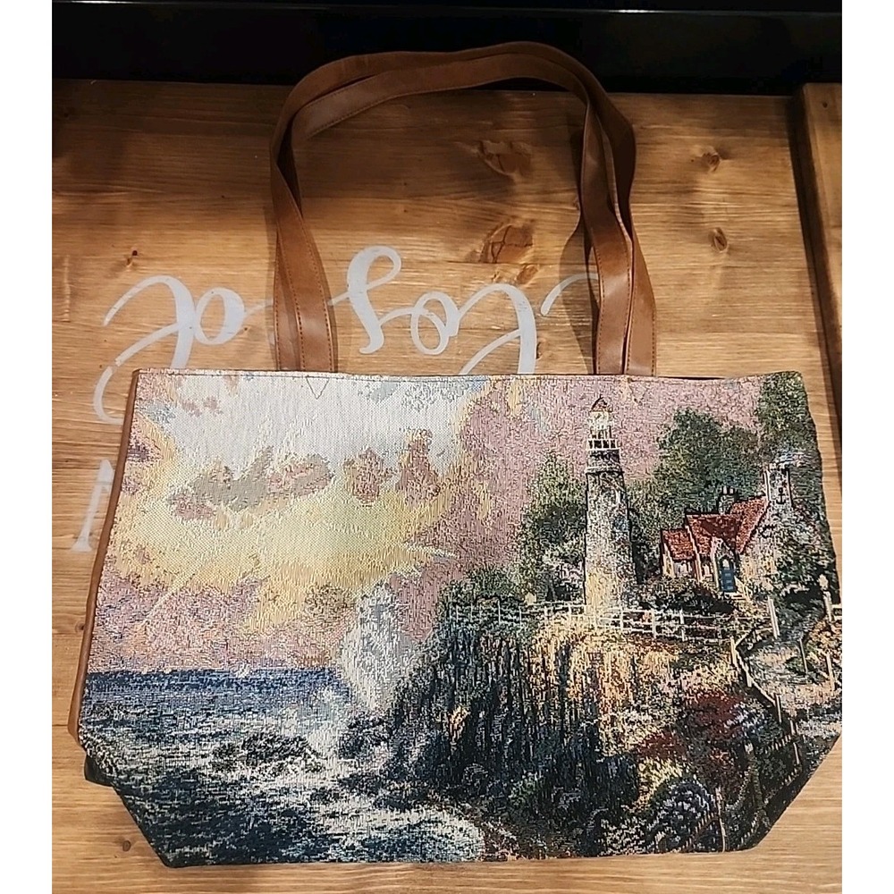 Thomas Kinkade Lighthouse Tote Bag‎ Purse Tapestry Faux Leather